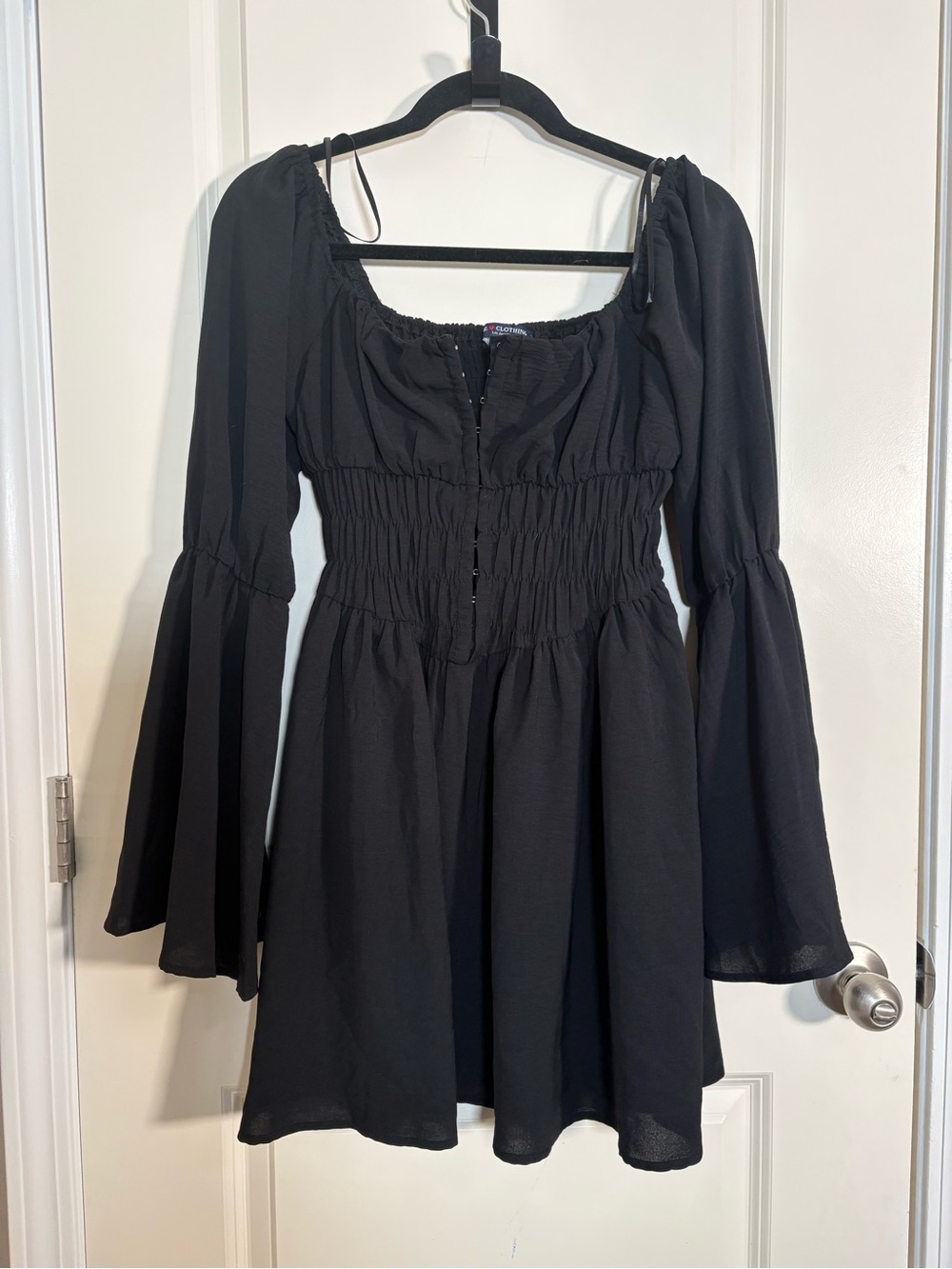 one clothing Black Smocked Waist Mini Dress with Bell Sleeves
